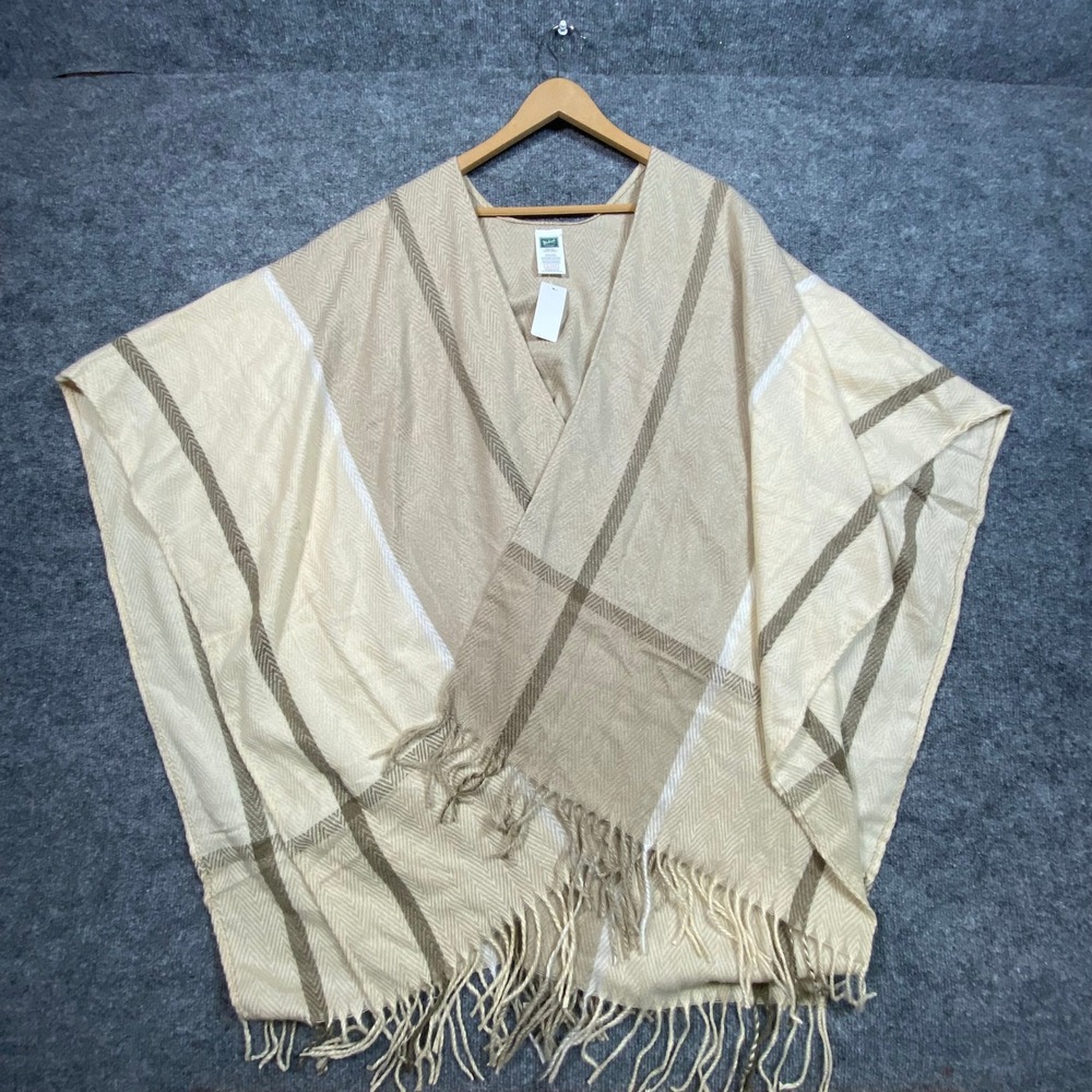 Woolrich Green Label Tan Miranda Plaid Herringbone Fringe Poncho Wrap OS NEW